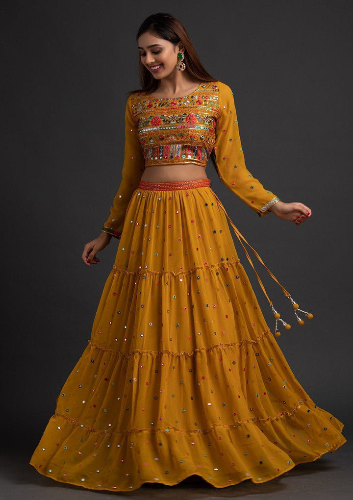 Mustard Chikankari Georgette Designer Lehenga - koskii