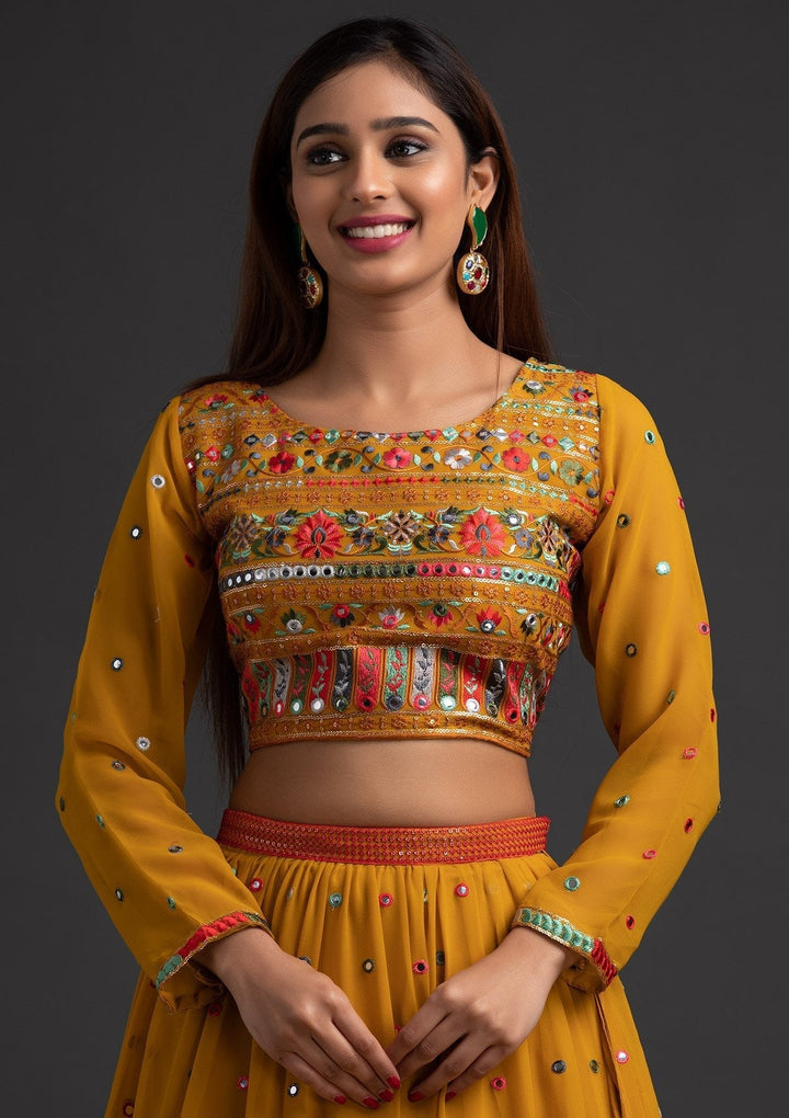 Mustard Chikankari Georgette Designer Lehenga - koskii