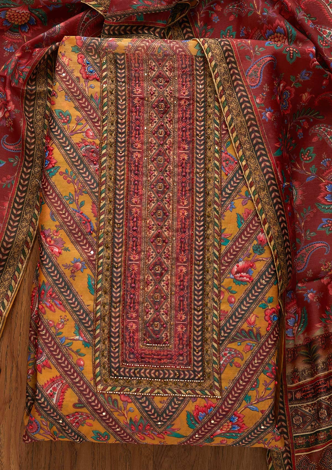 Mustard Cutdana Art Silk Designer Unstitched Salwar Suit - koskii