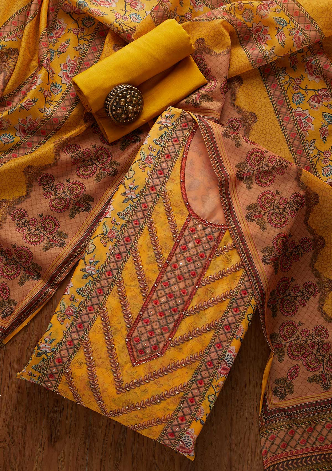 Mustard Cutdana Art Silk Designer Unstitched Salwar Suit - koskii