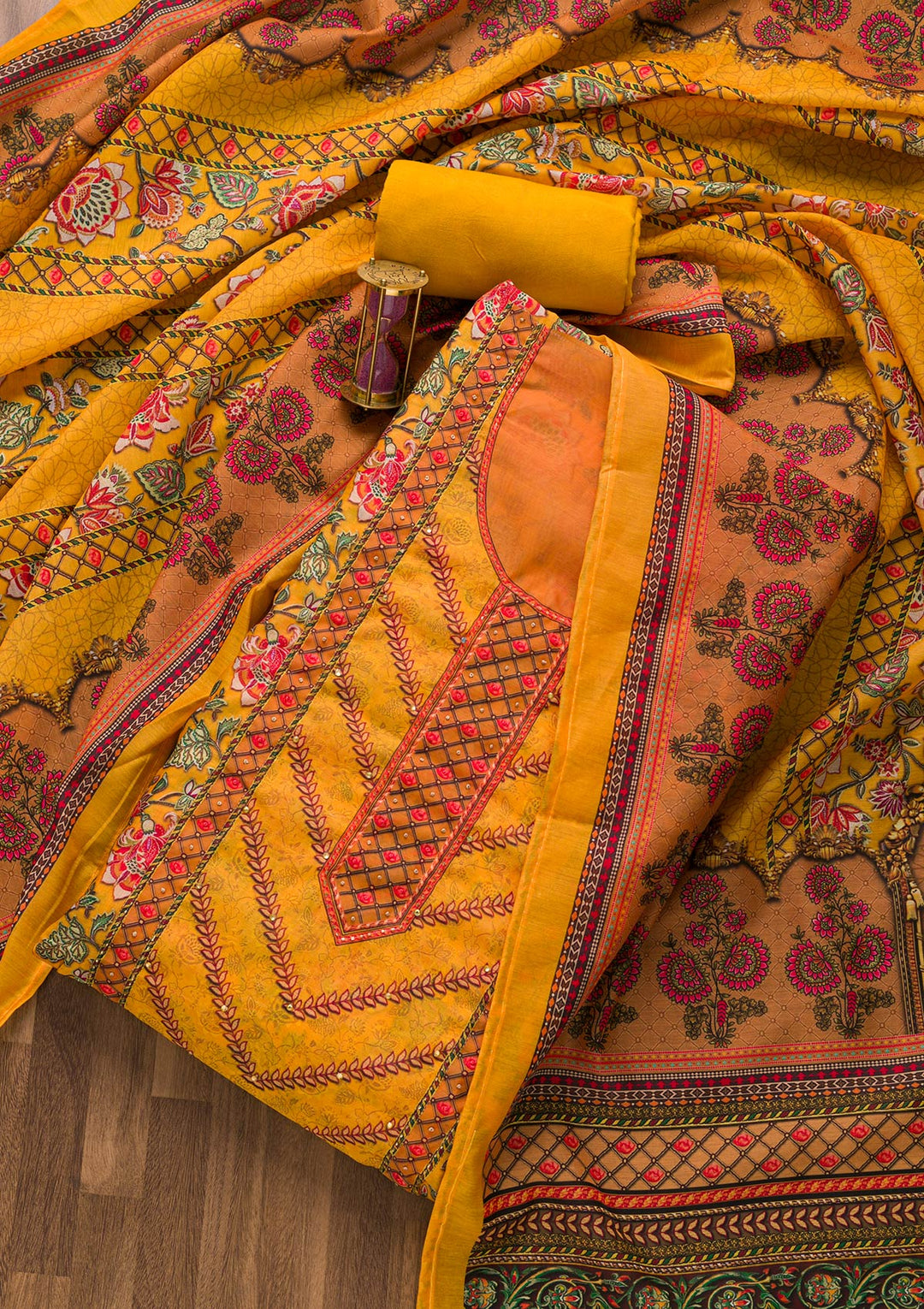 Mustard Cutdana Art Silk Unstitched Salwar Suit-Koskii