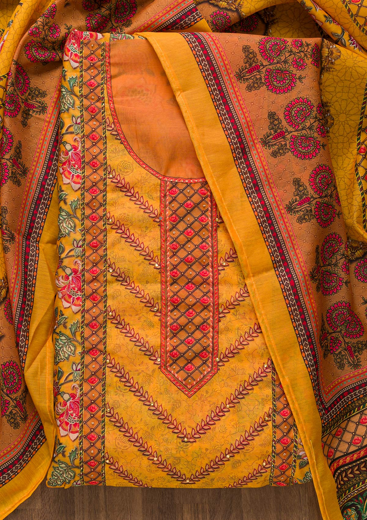 Mustard Cutdana Art Silk Unstitched Salwar Suit-Koskii