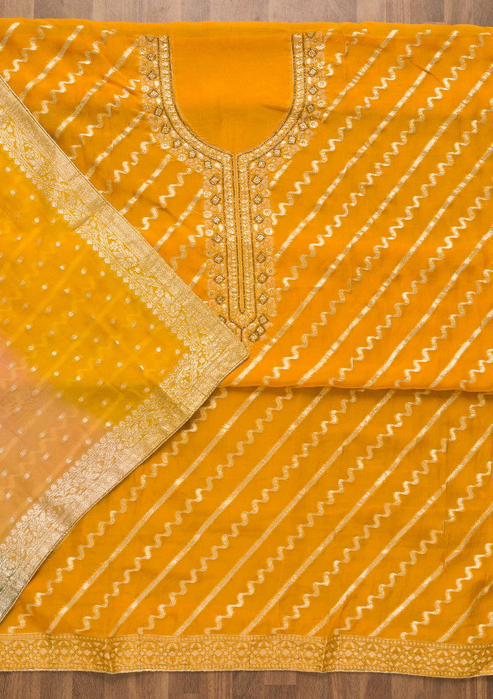 Mustard Cutdana Chanderi Unstitched Salwar Suit-Koskii