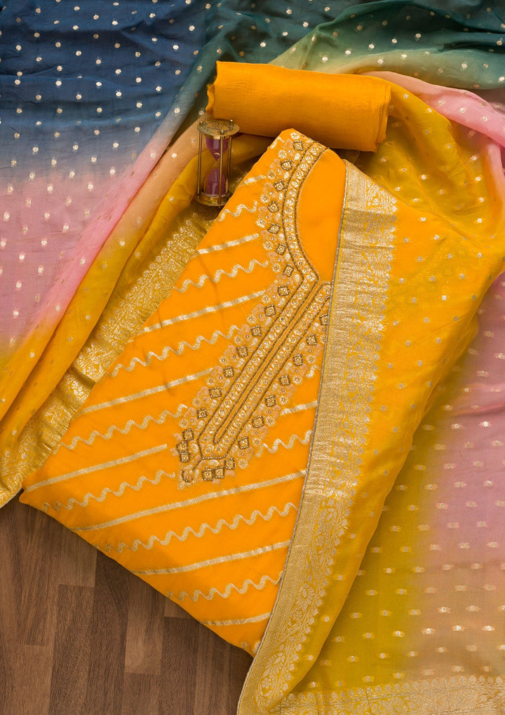 Mustard Cutdana Chanderi Unstitched Salwar Suit-Koskii