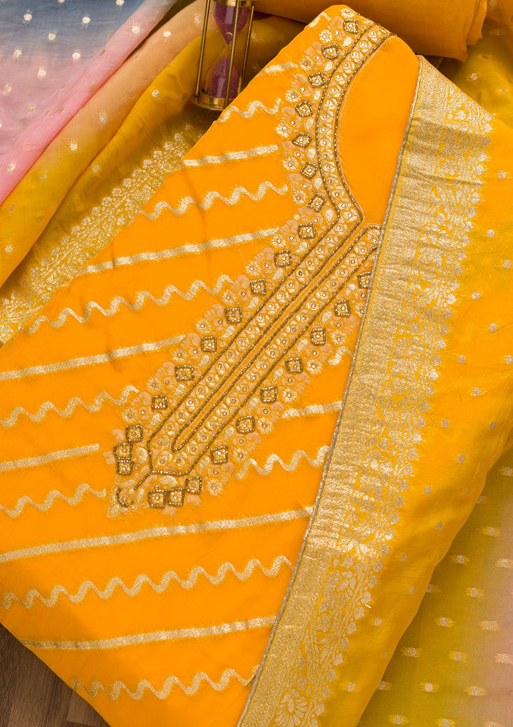 Mustard Cutdana Chanderi Unstitched Salwar Suit-Koskii