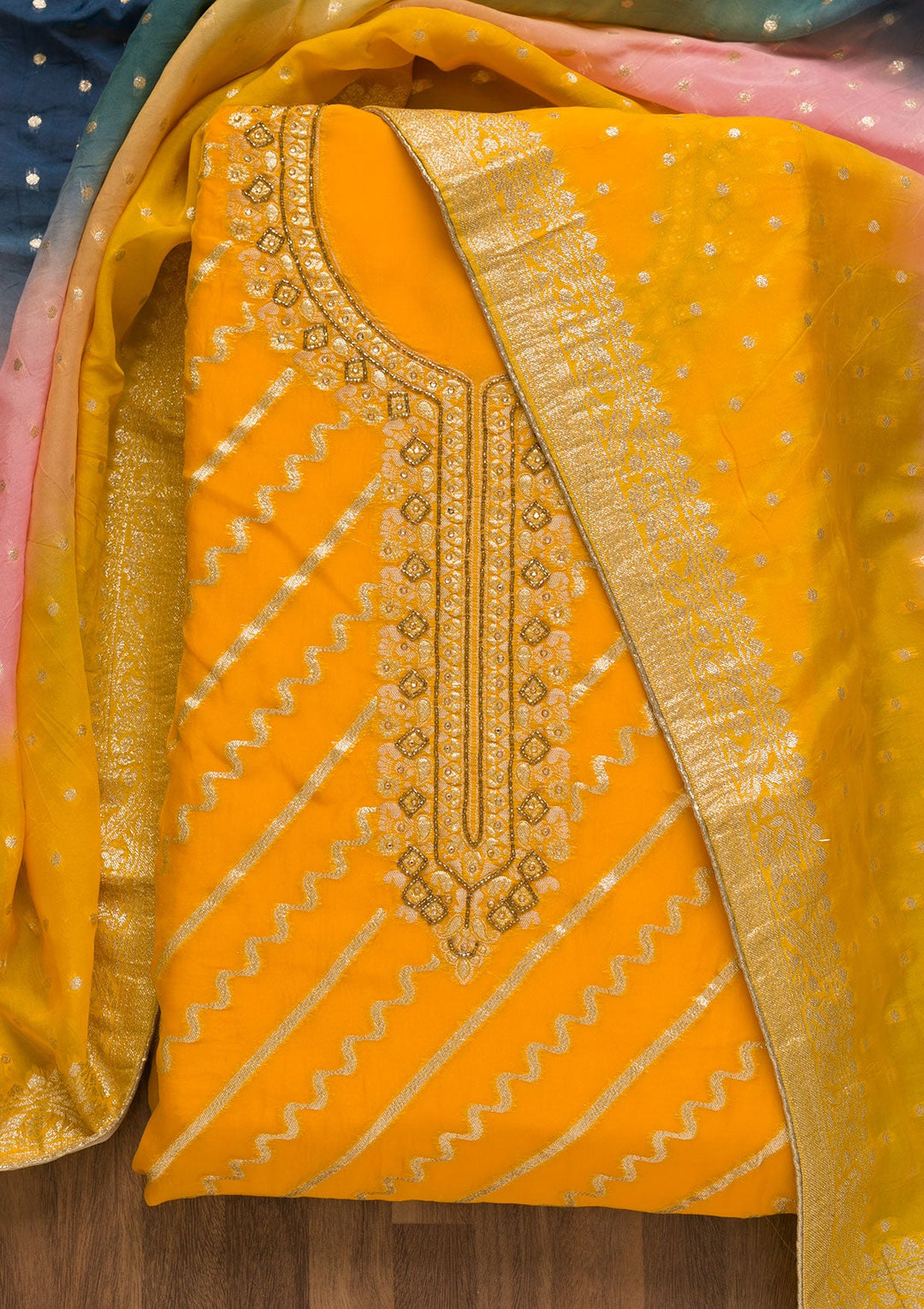Mustard Cutdana Chanderi Unstitched Salwar Suit-Koskii