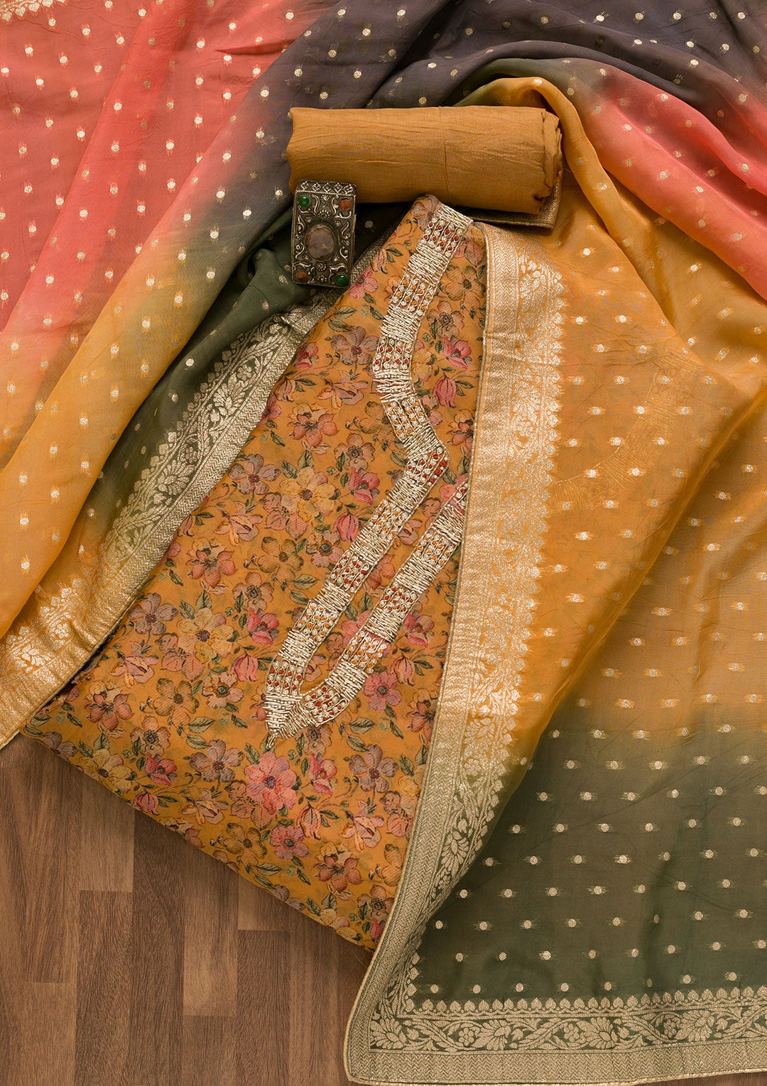 Mustard Printed Organza Unstitched Salwar Kameez-Koskii