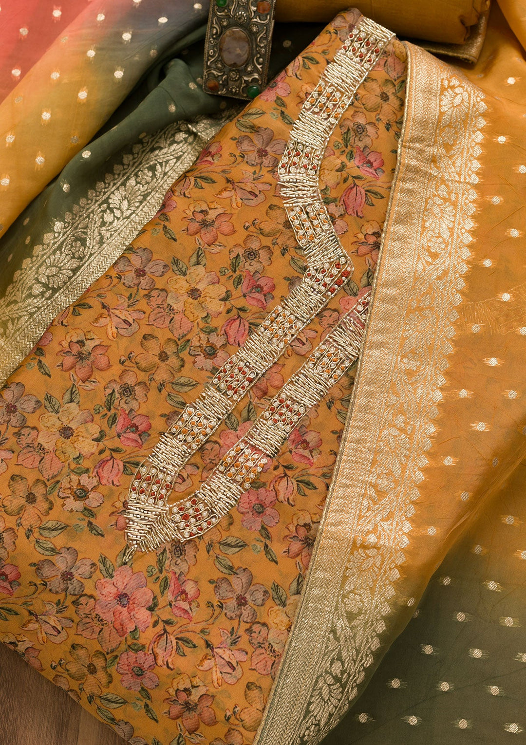 Mustard Printed Organza Unstitched Salwar Kameez-Koskii