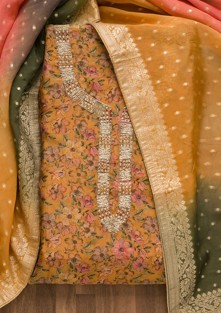 Mustard Printed Organza Unstitched Salwar Kameez-Koskii