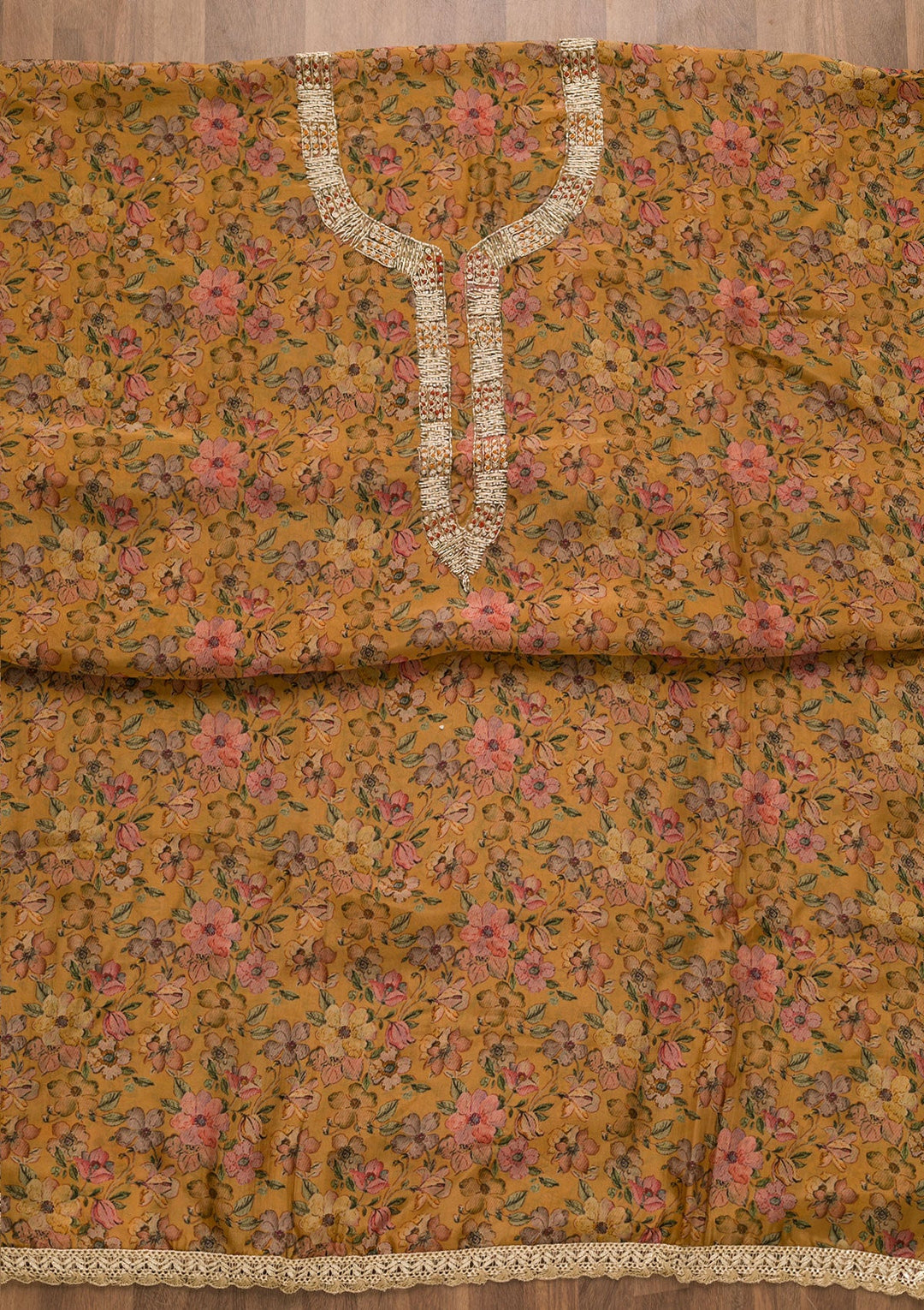 Mustard Printed Organza Unstitched Salwar Kameez-Koskii