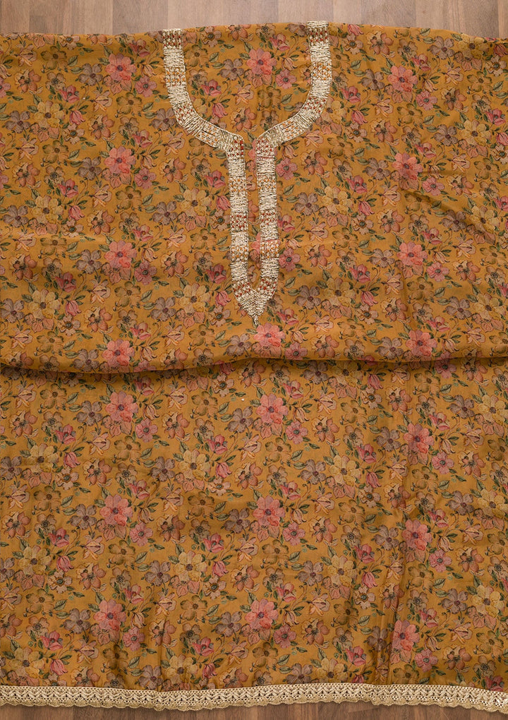 Mustard Printed Organza Unstitched Salwar Kameez-Koskii