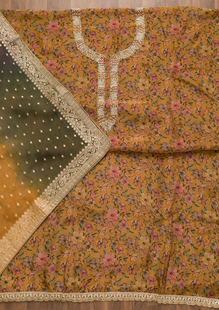 Mustard Printed Organza Unstitched Salwar Kameez-Koskii