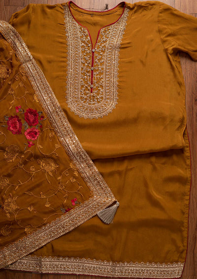 Mustard Cutdana Semi Crepe Designer Semi-Stitched Salwar Suit - koskii
