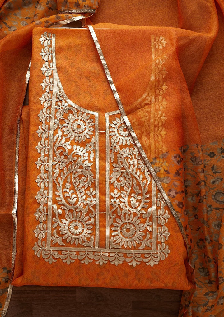 Mustard Gotapatti Semi Crepe Designer Unstitched Salwar Suit - Koskii