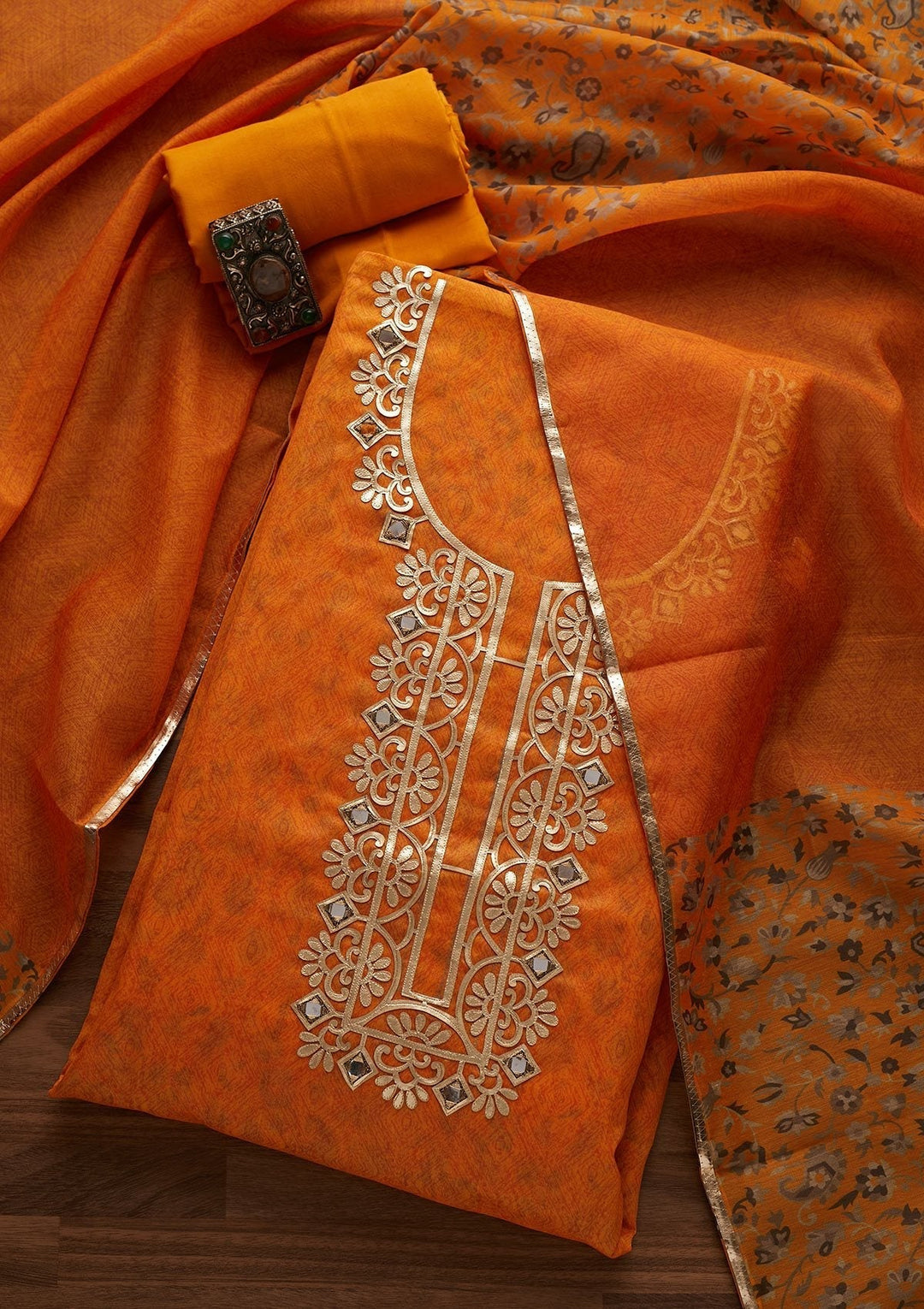 Mustard Gotapatti Semi Crepe Designer Unstitched Salwar Suit - Koskii