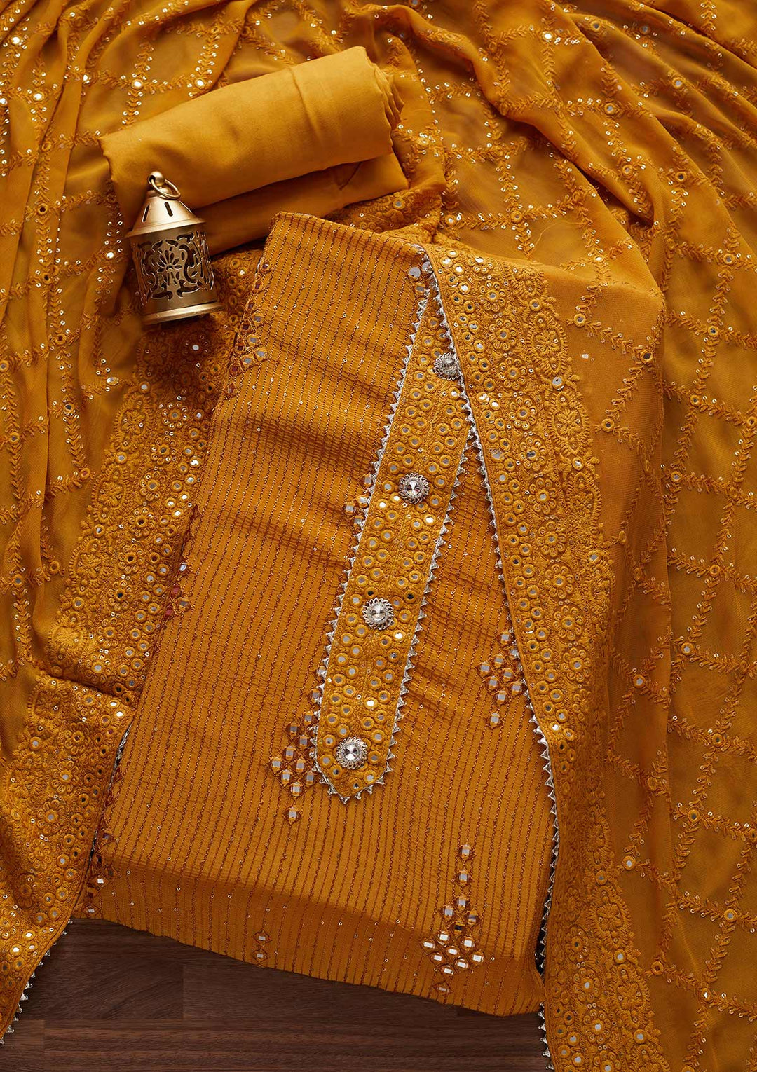 Mustard Mirrorwork Georgette Designer Unstitched Salwar Suit - Koskii