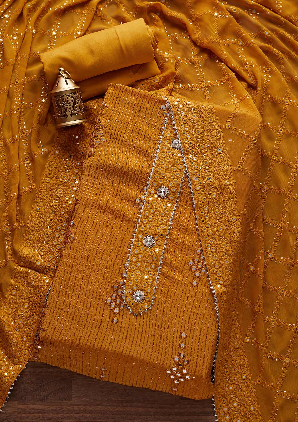 Mustard Mirrorwork Georgette Designer Unstitched Salwar Suit - Koskii