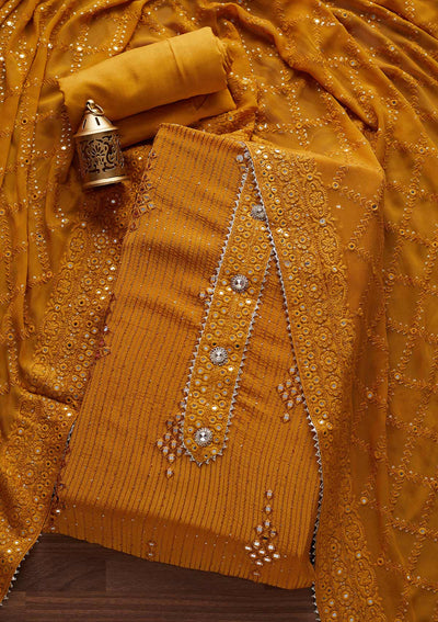 Mustard Mirrorwork Georgette Designer Unstitched Salwar Suit - Koskii
