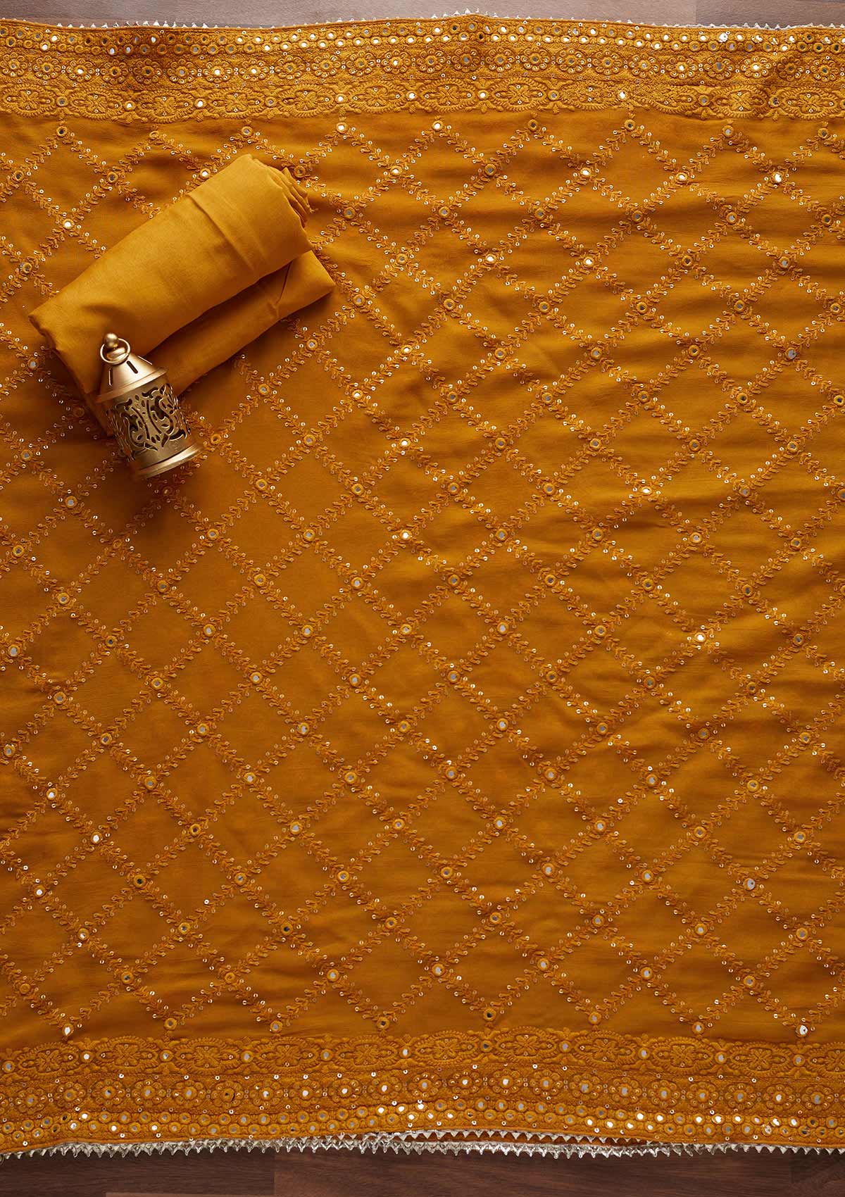 Mustard Mirrorwork Georgette Designer Unstitched Salwar Suit - Koskii