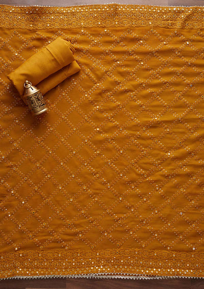 Mustard Mirrorwork Georgette Designer Unstitched Salwar Suit - Koskii