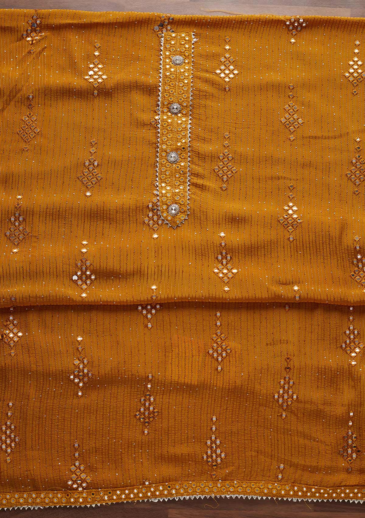 Mustard Mirrorwork Georgette Designer Unstitched Salwar Suit - Koskii
