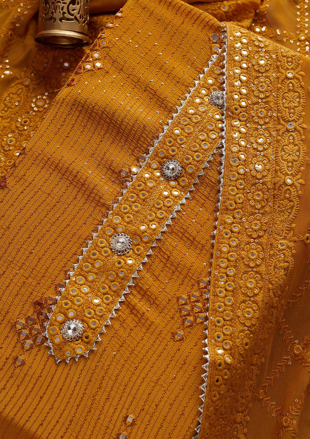 Mustard Mirrorwork Georgette Designer Unstitched Salwar Suit - Koskii