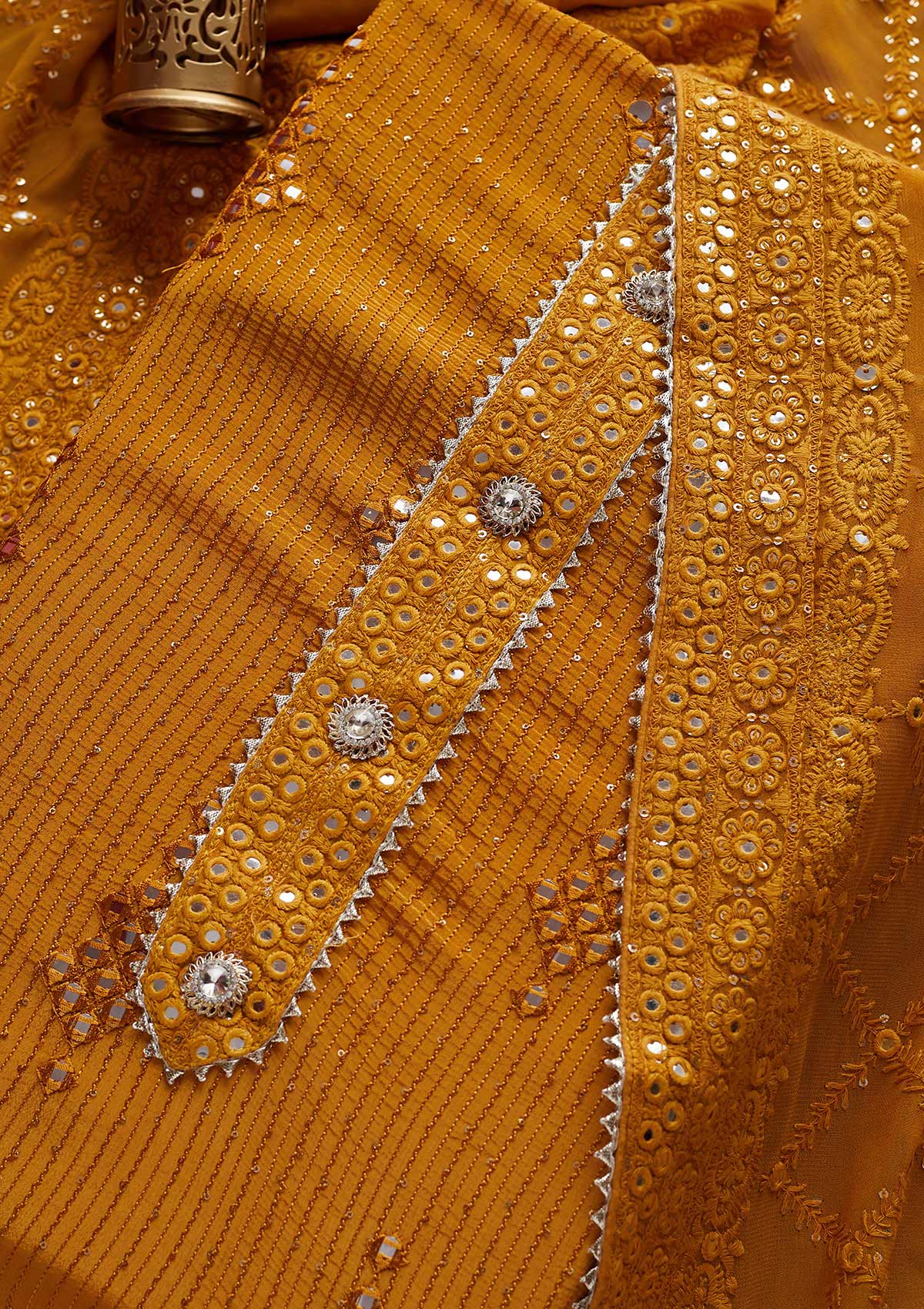 Mustard Mirrorwork Georgette Designer Unstitched Salwar Suit - Koskii
