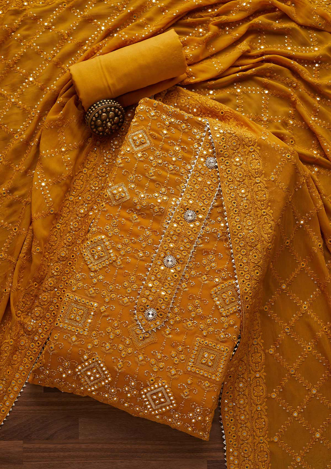 Mustard Mirrorwork Georgette Designer Unstitched Salwar Suit - Koskii