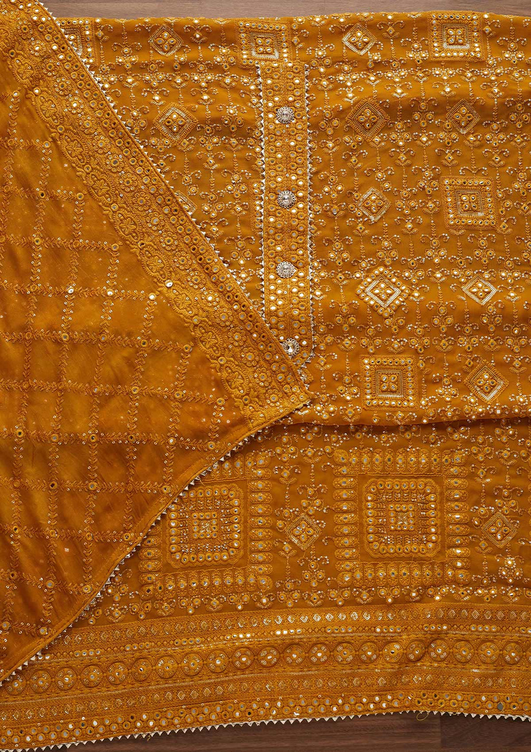 Mustard Mirrorwork Georgette Designer Unstitched Salwar Suit - Koskii