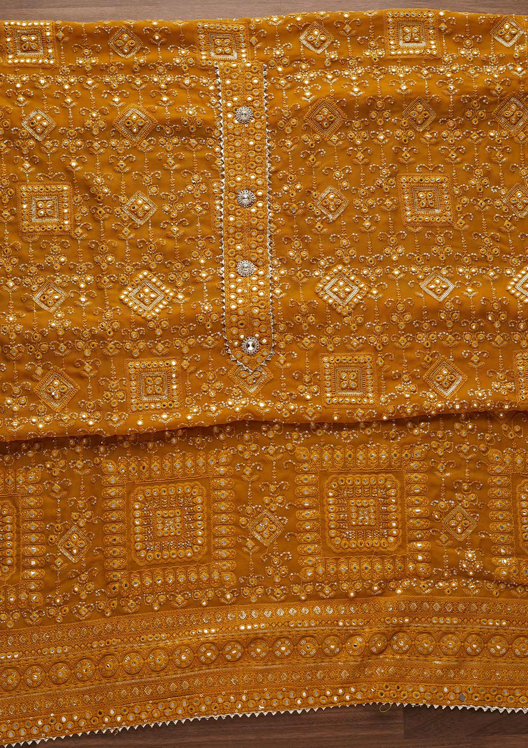 Mustard Mirrorwork Georgette Designer Unstitched Salwar Suit - Koskii