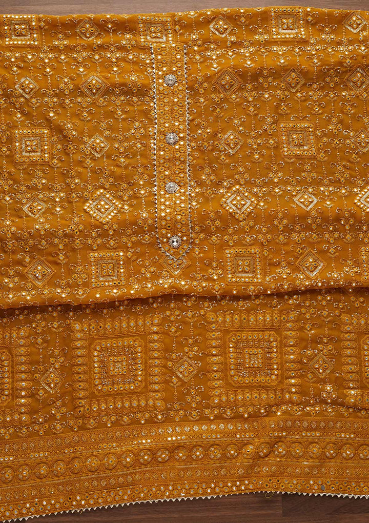 Mustard Mirrorwork Georgette Designer Unstitched Salwar Suit - Koskii
