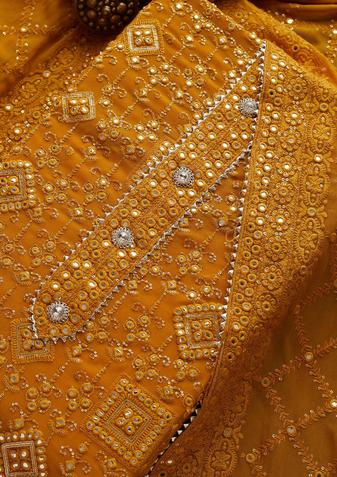 Mustard Mirrorwork Georgette Designer Unstitched Salwar Suit - Koskii