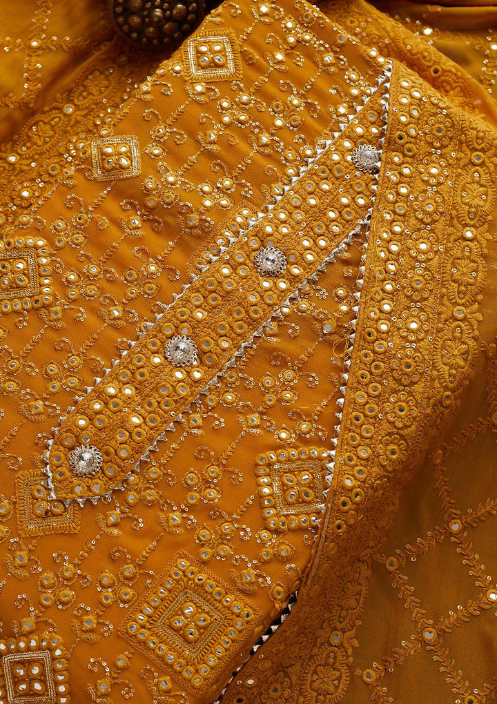 Mustard Mirrorwork Georgette Designer Unstitched Salwar Suit - Koskii