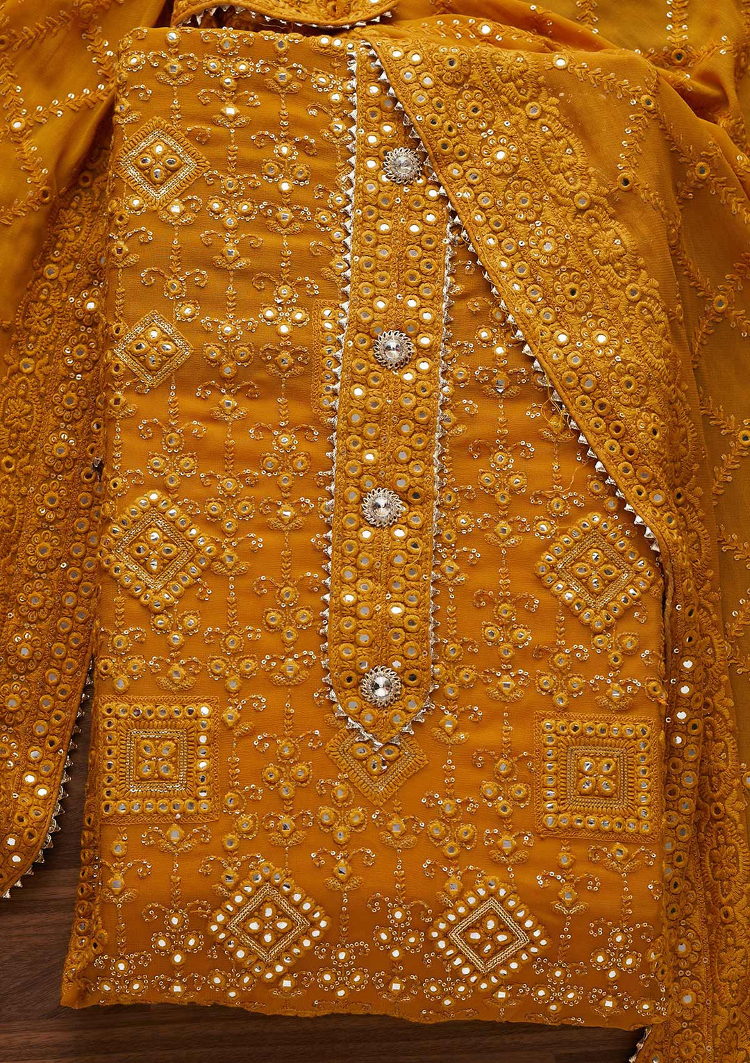 Mustard Mirrorwork Georgette Designer Unstitched Salwar Suit - Koskii