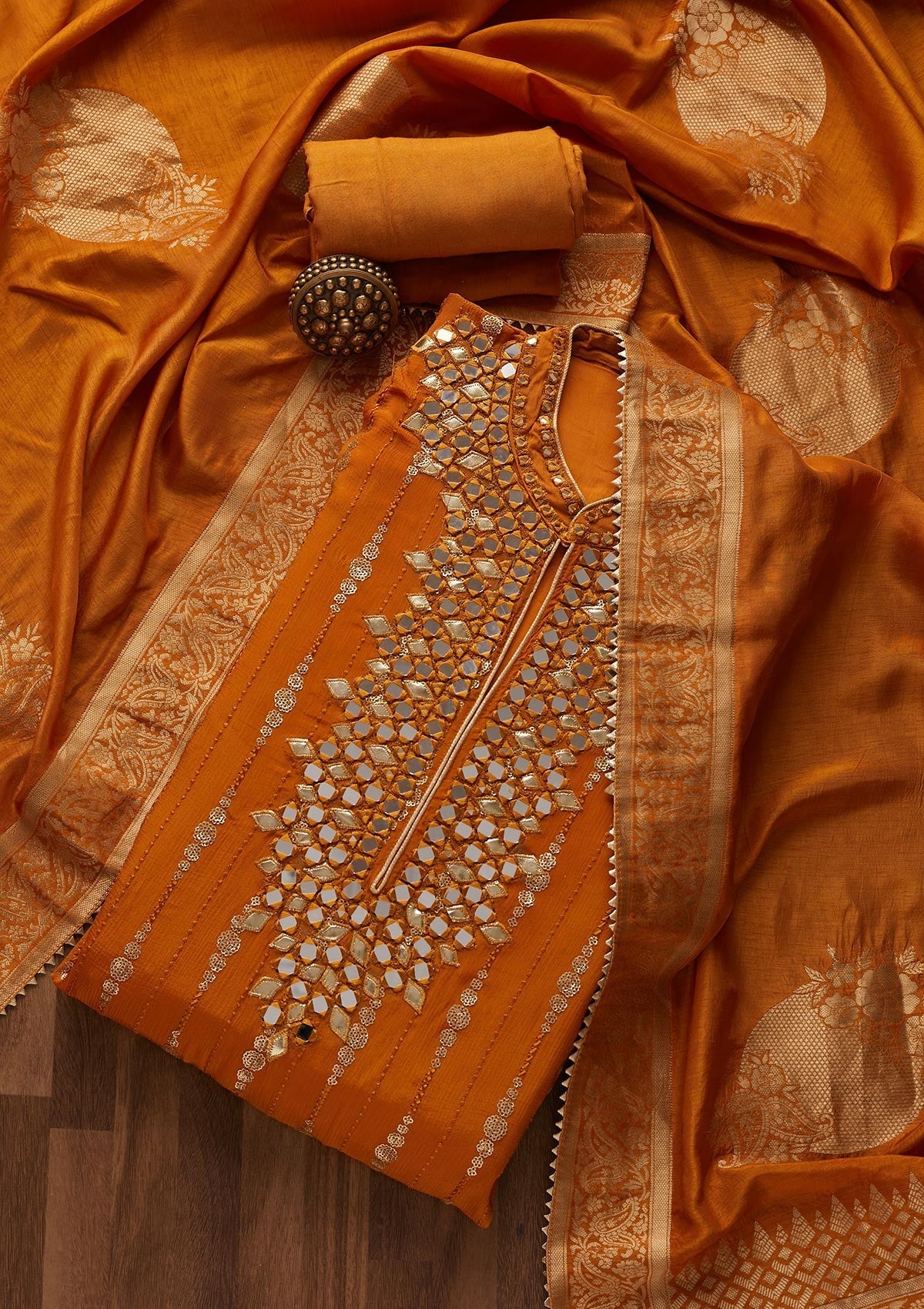 Mustard Mirrorwork Georgette Designer Unstitched Salwar Suit - Koskii