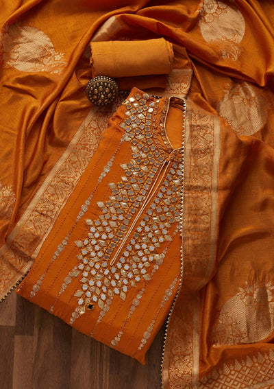 Mustard Mirrorwork Georgette Designer Unstitched Salwar Suit - Koskii