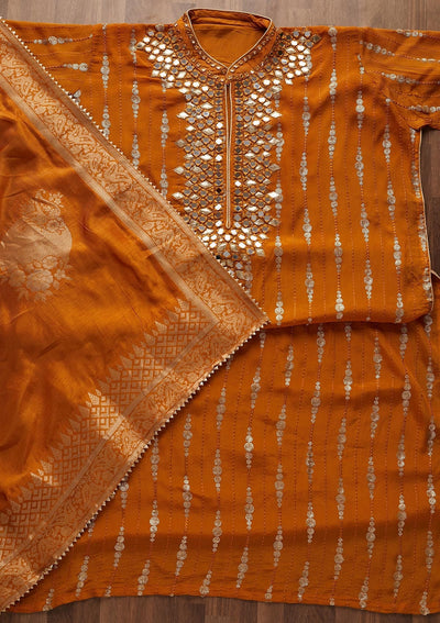 Mustard Mirrorwork Georgette Designer Unstitched Salwar Suit - Koskii