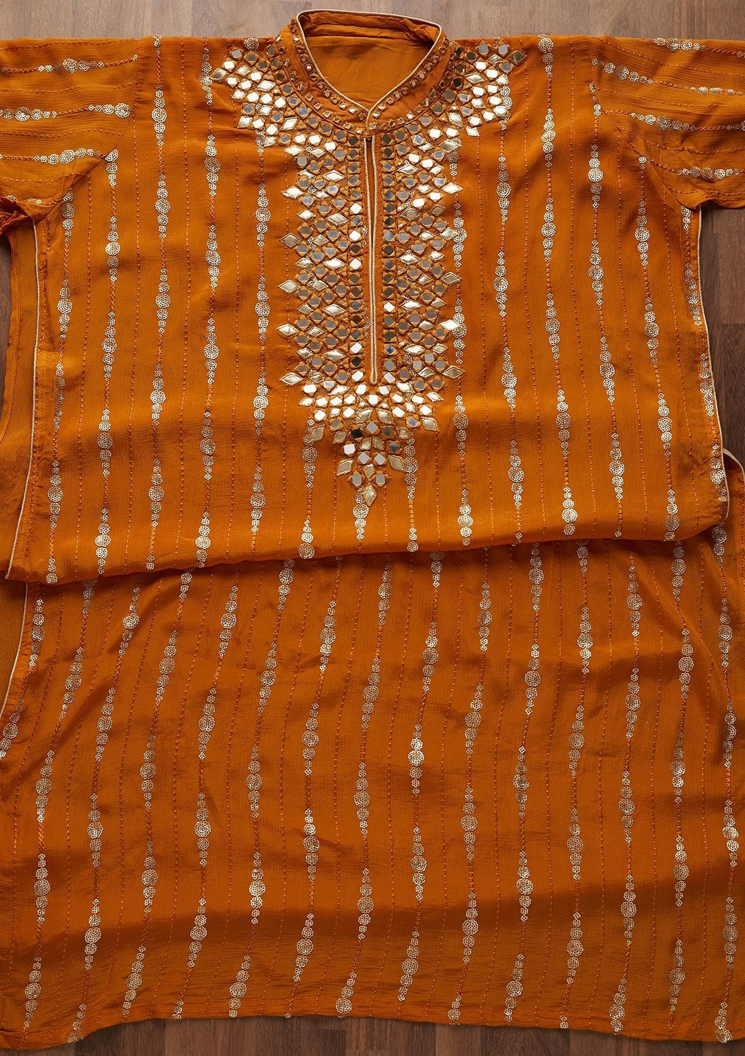 Mustard Mirrorwork Georgette Designer Unstitched Salwar Suit - Koskii