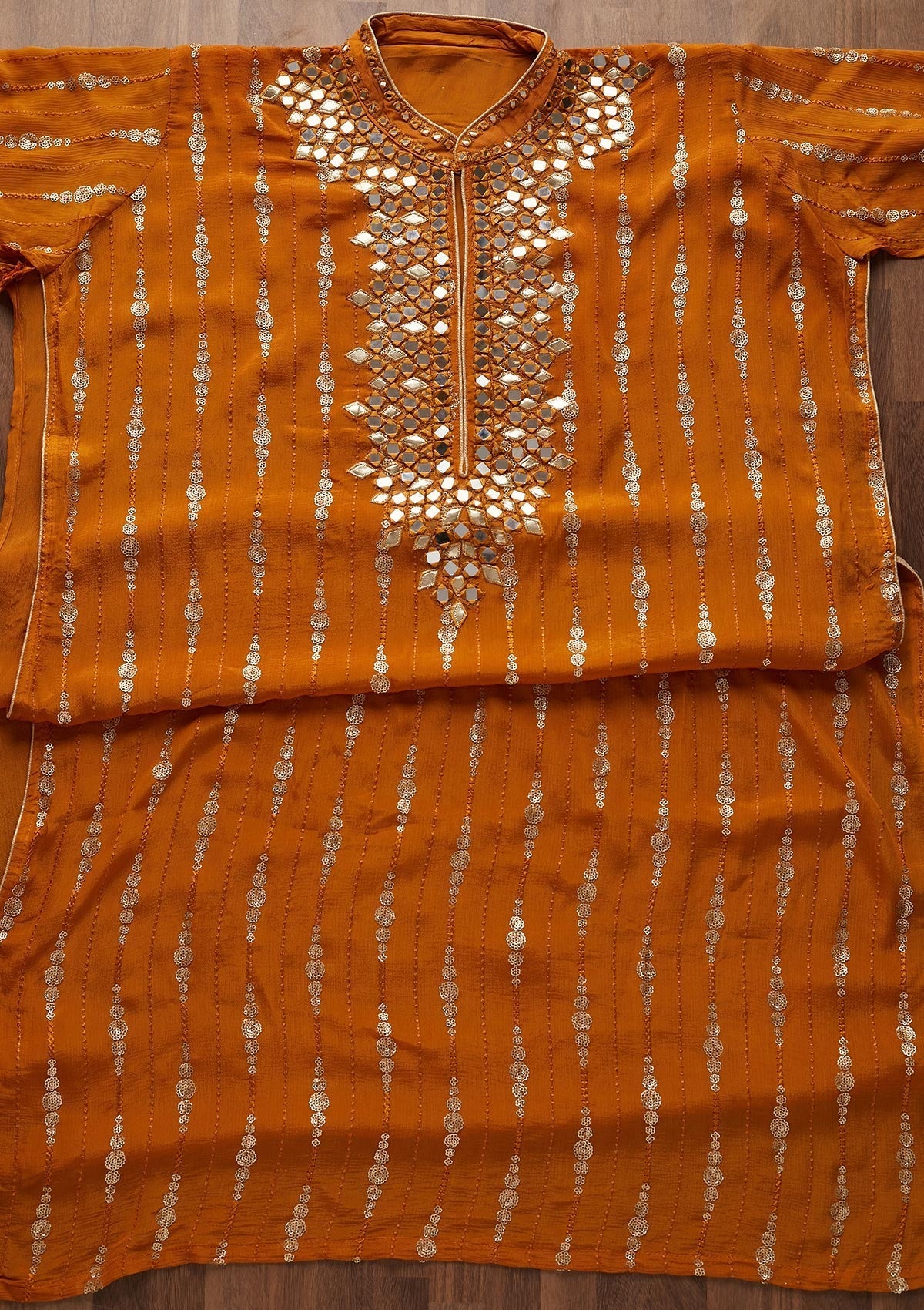 Mustard Mirrorwork Georgette Designer Unstitched Salwar Suit - Koskii