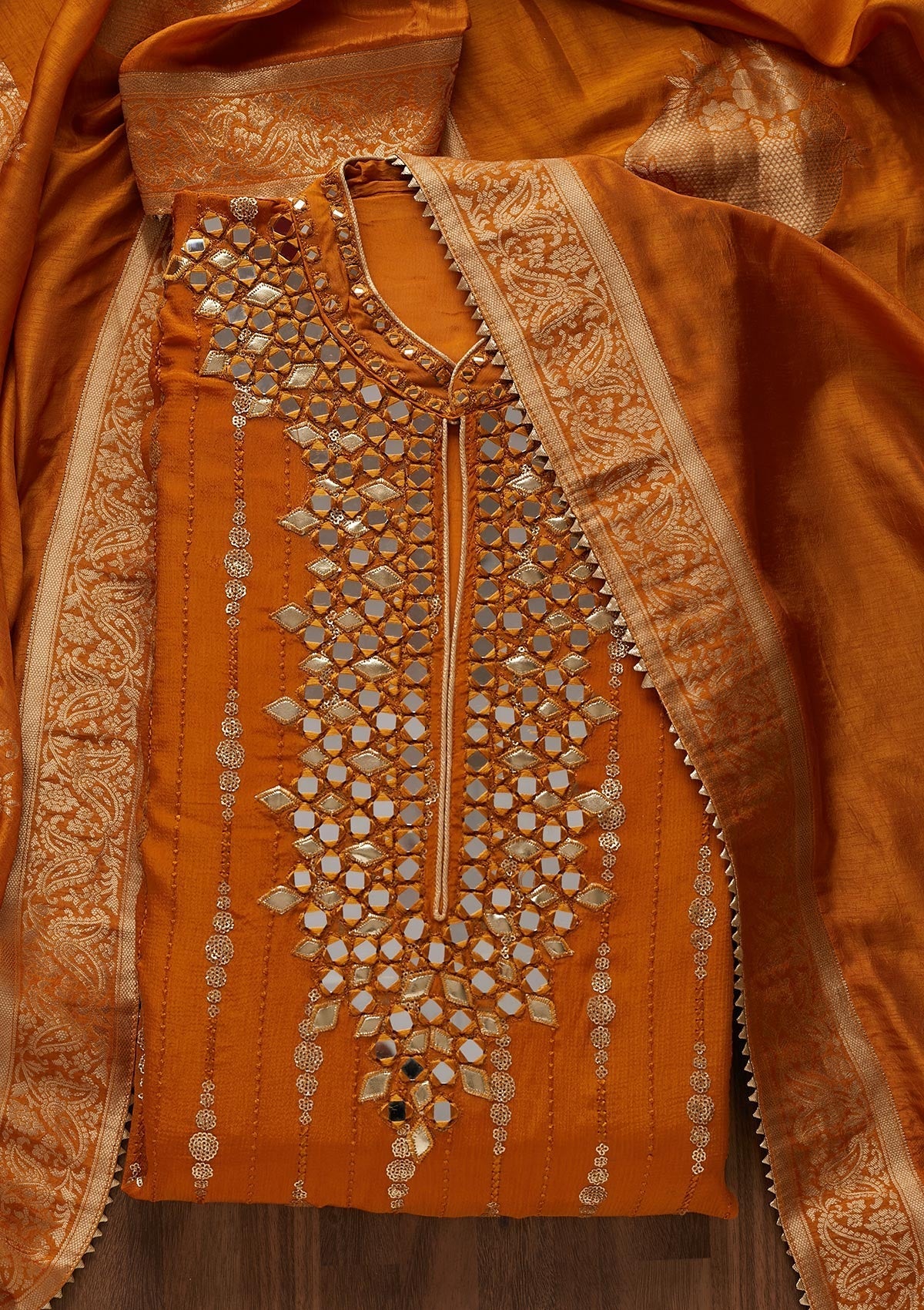 Mustard Mirrorwork Georgette Designer Unstitched Salwar Suit - Koskii