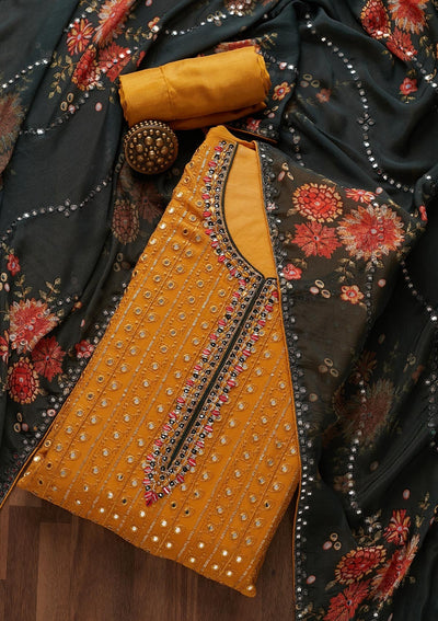 Mustard Mirrorwork Semi Crepe Designer Unstitched Salwar Suit - Koskii
