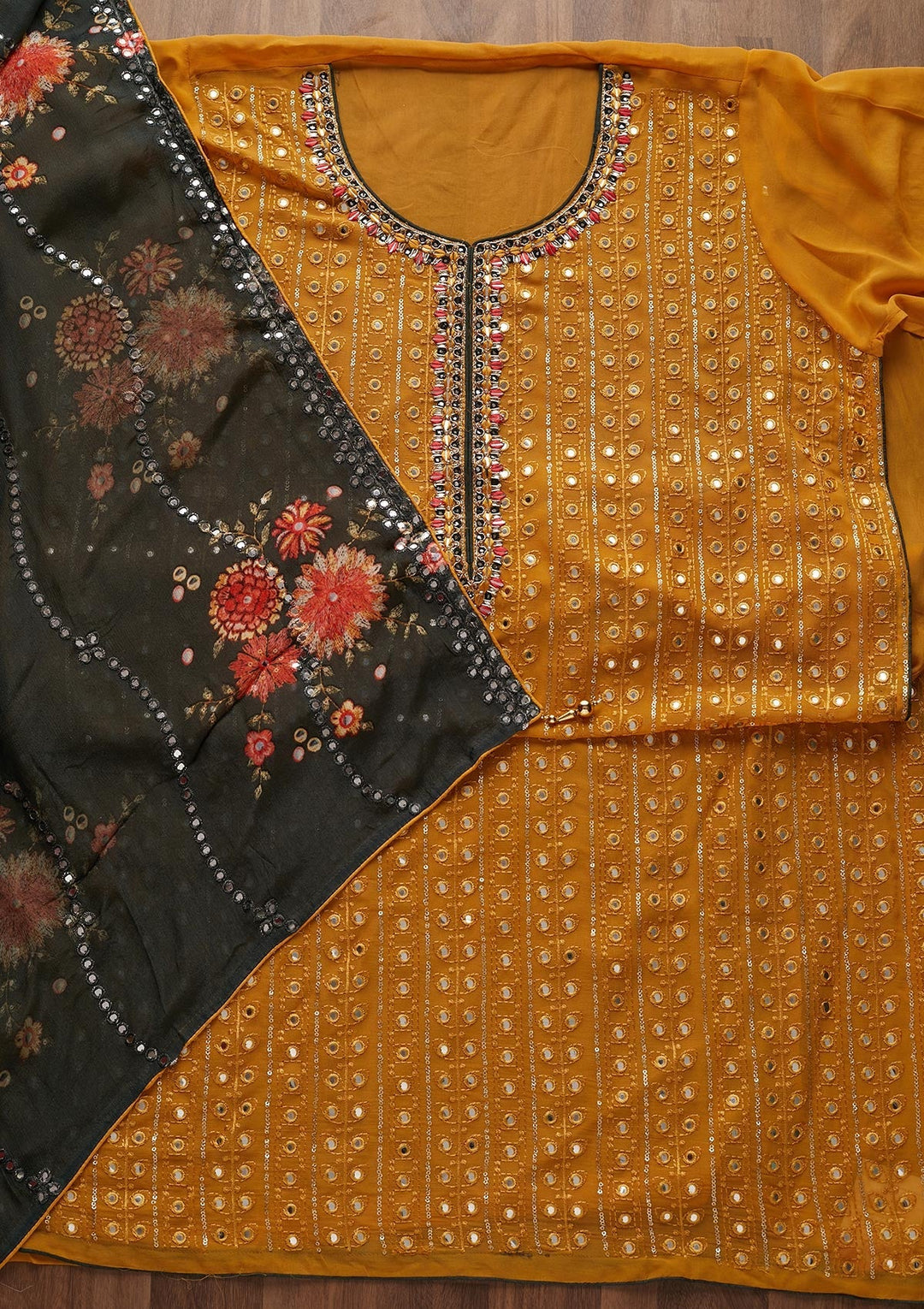 Mustard Mirrorwork Semi Crepe Designer Unstitched Salwar Suit - Koskii