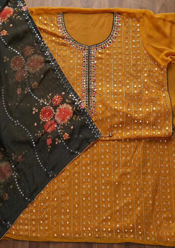 Mustard Mirrorwork Semi Crepe Designer Unstitched Salwar Suit - Koskii