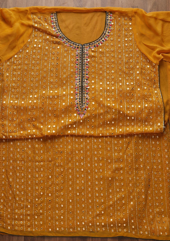 Mustard Mirrorwork Semi Crepe Designer Unstitched Salwar Suit - Koskii