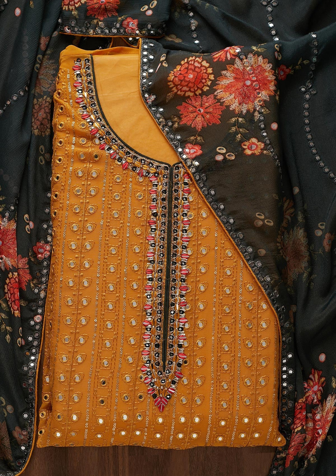 Mustard Mirrorwork Semi Crepe Designer Unstitched Salwar Suit - Koskii