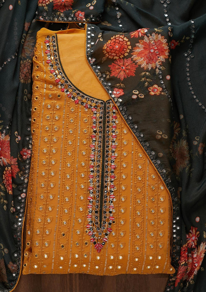 Mustard Mirrorwork Semi Crepe Designer Unstitched Salwar Suit - Koskii