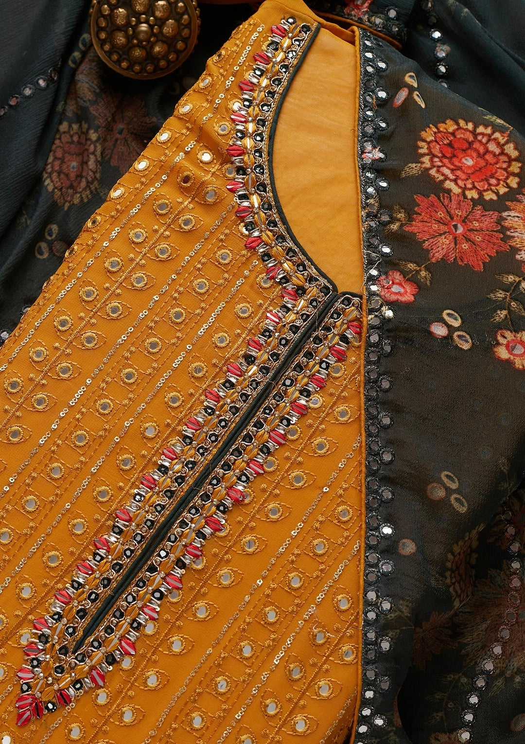 Mustard Mirrorwork Semi Crepe Designer Unstitched Salwar Suit - Koskii