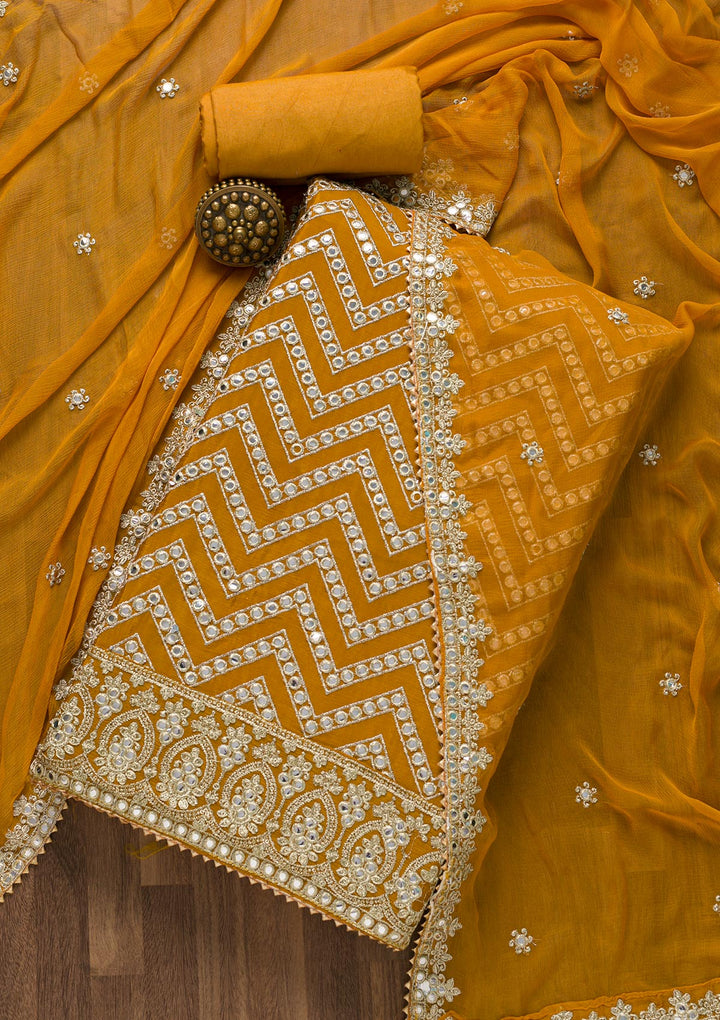 Mustard Mirrorwork Semi Crepe Unstitched Salwar Suit-Koskii