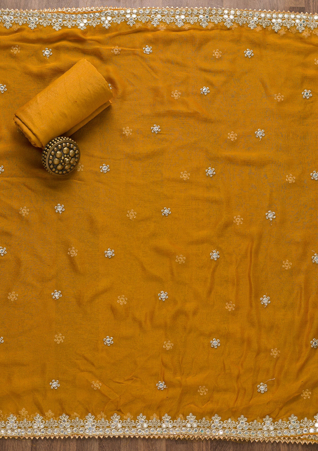 Mustard Mirrorwork Semi Crepe Unstitched Salwar Suit-Koskii