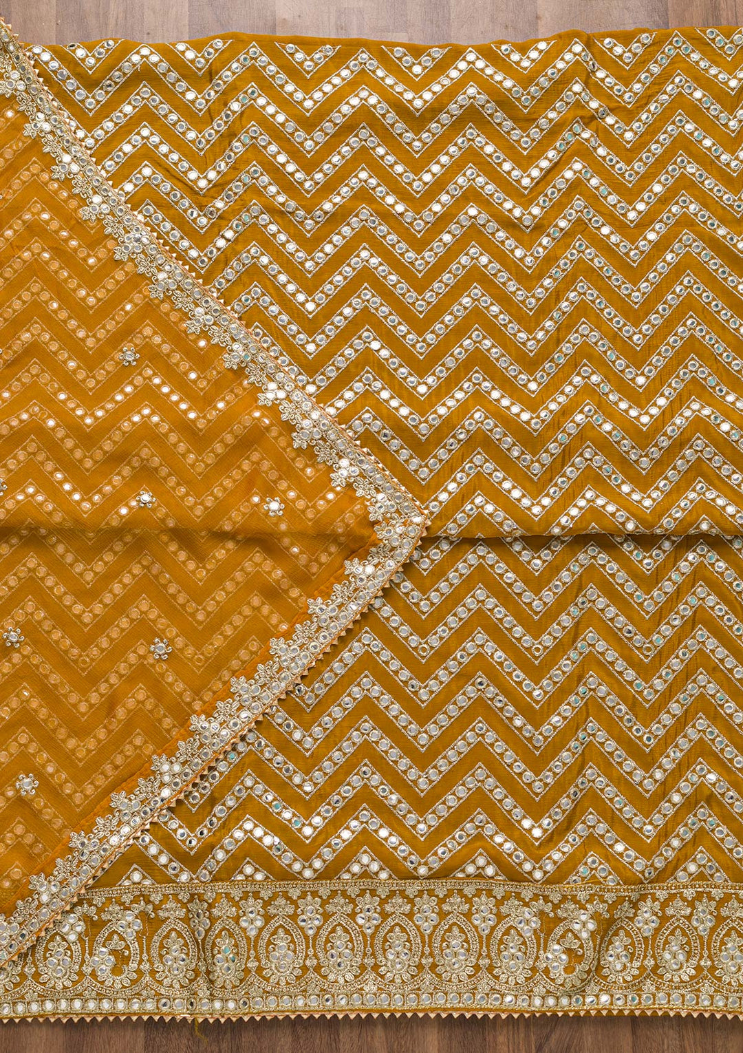 Mustard Mirrorwork Semi Crepe Unstitched Salwar Suit-Koskii